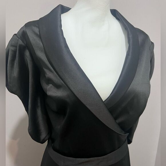 NWT Ieena for Mac Duggal Black Satin Lapel Puff Sleeve Tea Length Dress size 14 - Picture 12 of 16